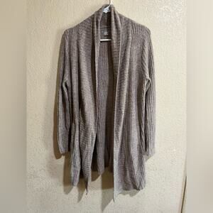 Barefoot Dreams CozyChicLite taupe ribbed pockets open long cardigan sweater